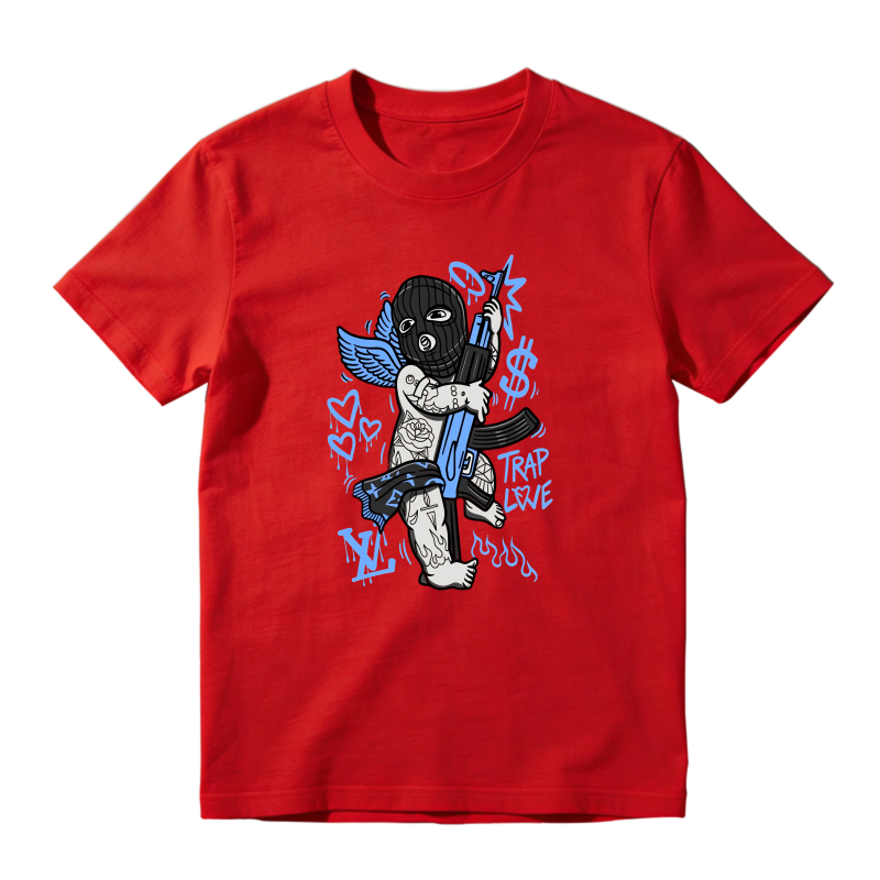 Angel With Gun And Trap Love Text Shirt To Match Jordan 14 Black And University Blue - Sneaker Match Shirt