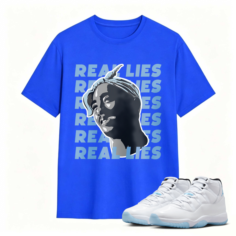 Real Lies Text And Portrait Design Shirt To Match Air Jordan 11 White Legend Blue Sneaker Match Shirt