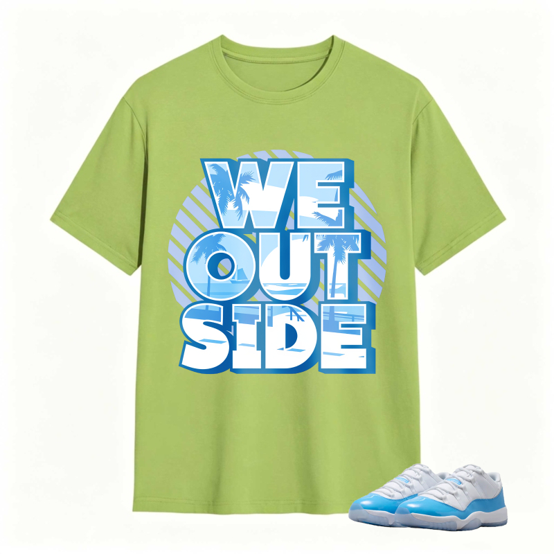 We Outside Text With Palm Tree And Ocean Design Shirt To Match Jordan 11 University Blue Sneaker Match Shirt