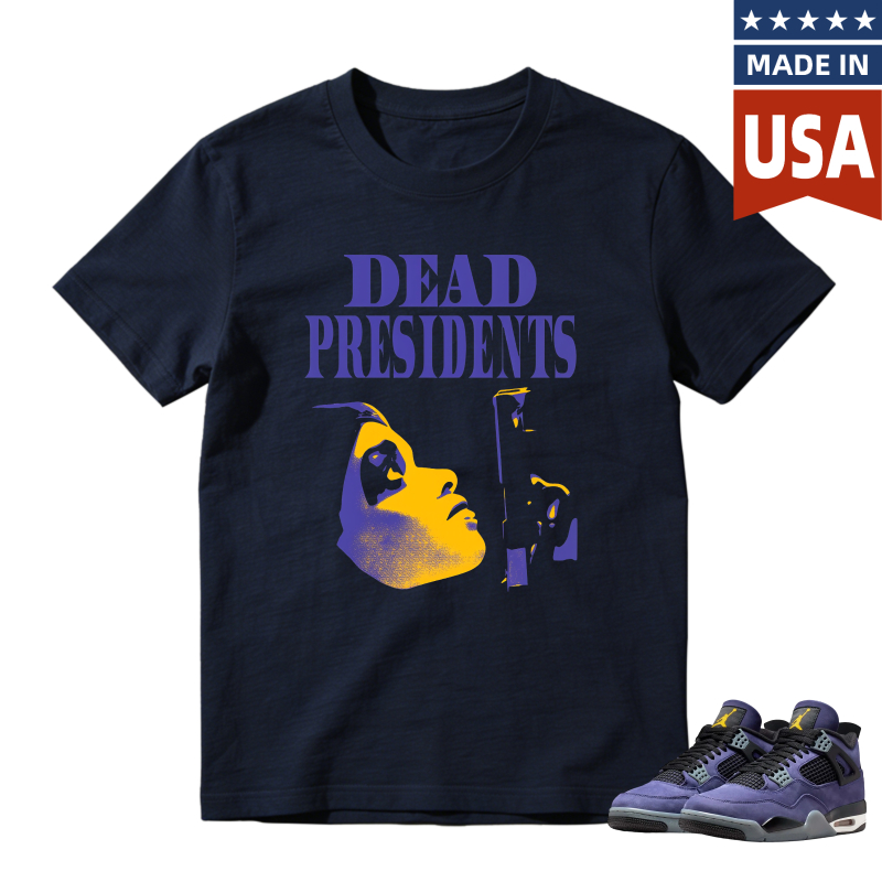 Dead Presidents Graphic With Yellow And Purple Portrait Shirt To Match Jordan 4 Lakers Imperial Purple Sneaker Match Shirt