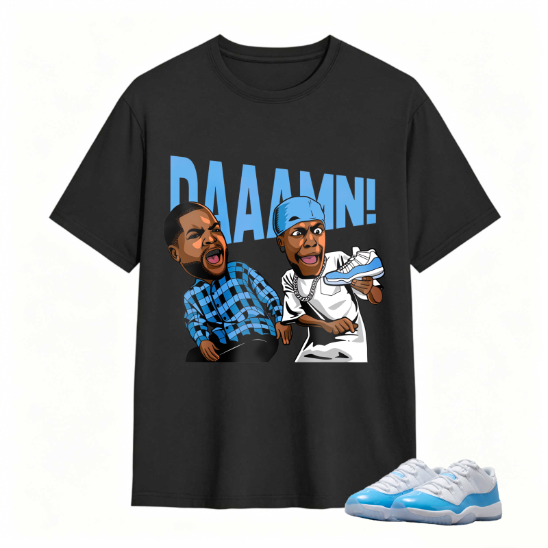 Cartoon Characters With Blue Sneaker And Daaamn Text Shirt To Match Jordan 11 University Blue - Sneaker Match Shirt