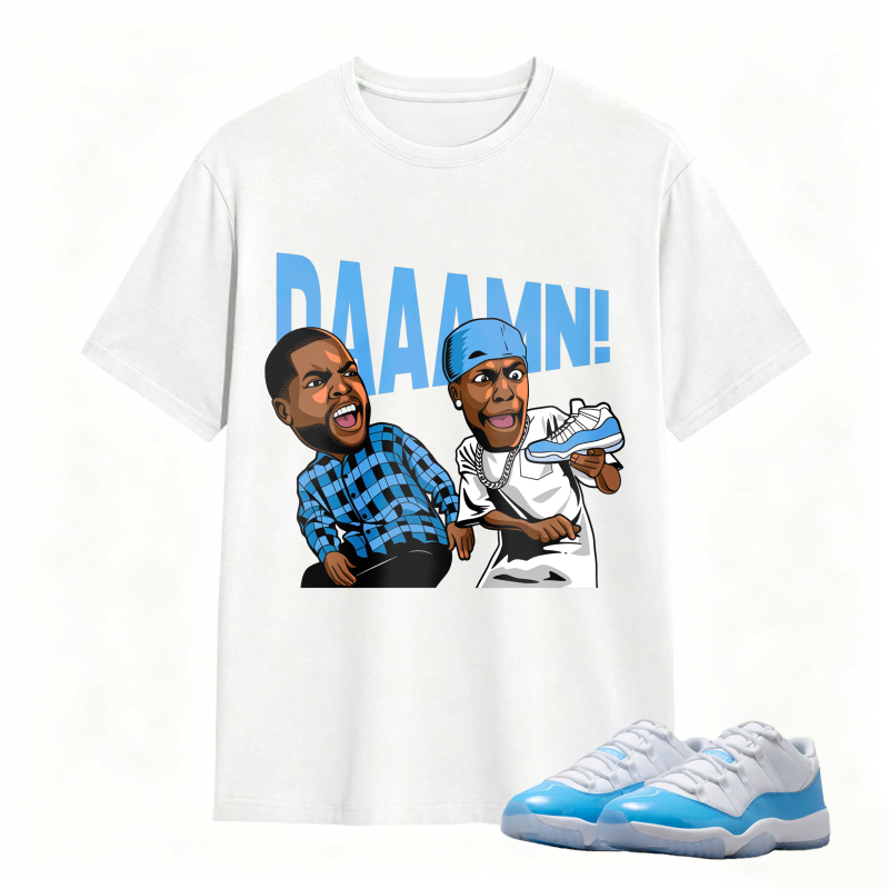 Cartoon Characters With Blue Sneaker And Daaamn Text Shirt To Match Jordan 11 University Blue - Sneaker Match Shirt