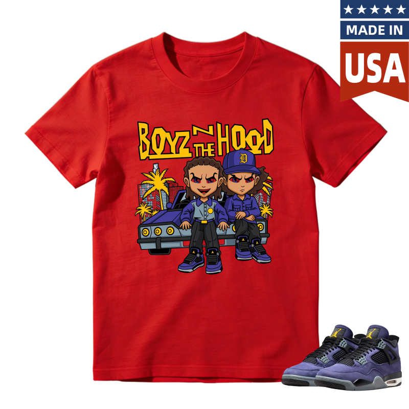 Boyz N The Hood Cartoon Characters With Car And Palm Trees Shirt To Match Jordan 4 Lakers Imperial Purple Sneaker Match Shirt