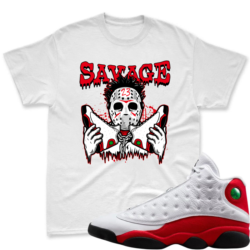 Savage Hockey Mask With Blood Splatter And Jordan 13 Shoes Shirt To Match Air Jordan 13 Chicago - Sneaker Match Shirt