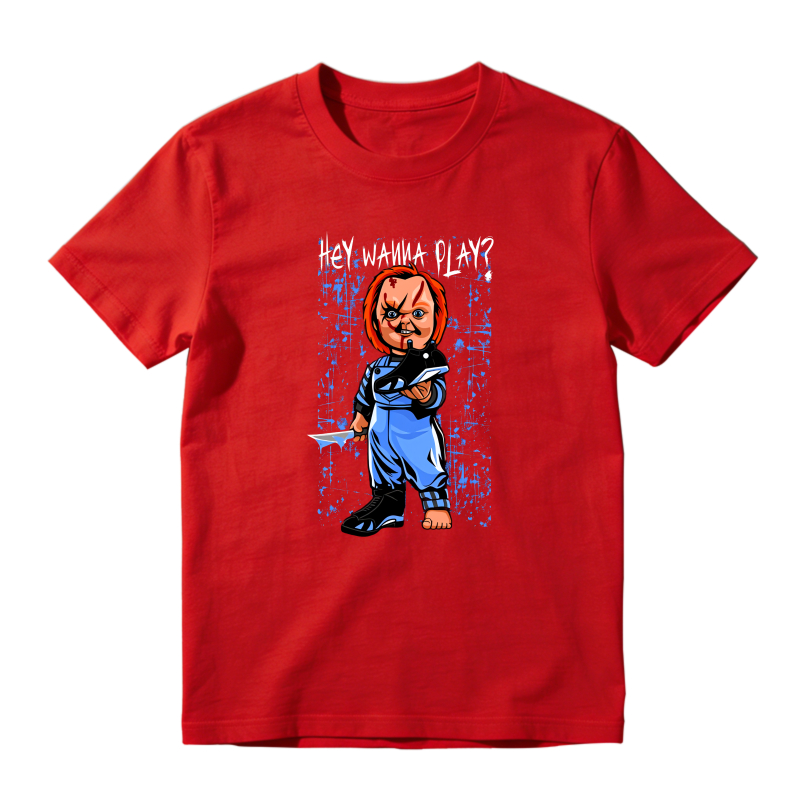 Chucky Doll With Knife And Text Hey Wanna Play Shirt To Match Jordan 14 Black And University Blue - Sneaker Match Shirt
