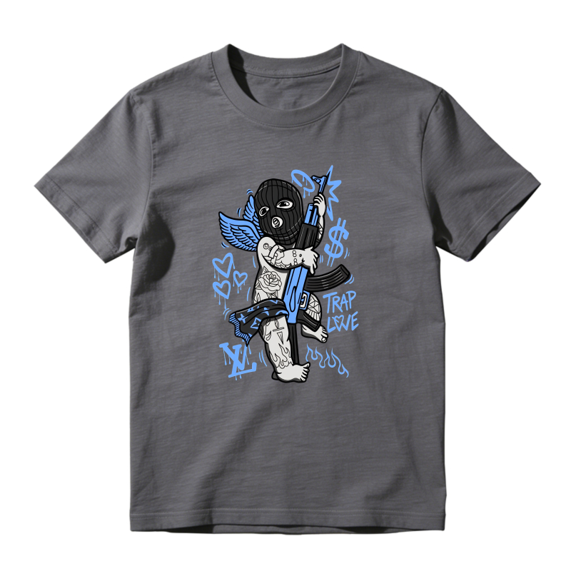 Angel With Gun And Trap Love Text Shirt To Match Jordan 14 Black And University Blue - Sneaker Match Shirt