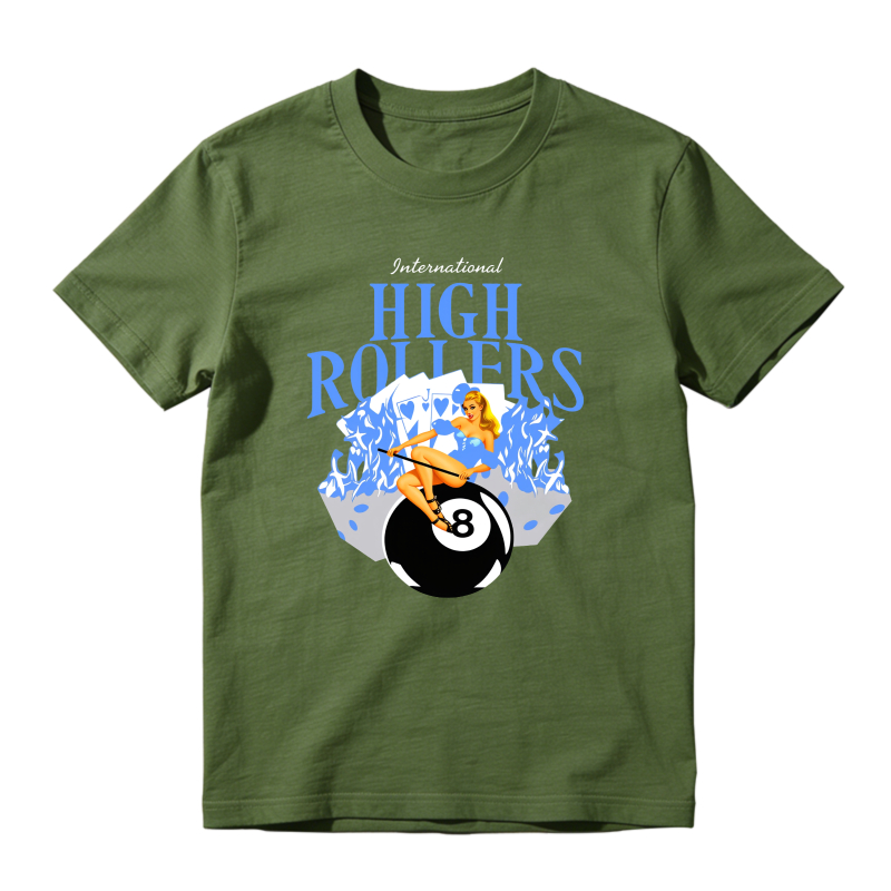 International High Rollers Woman On Eight Ball With Flames Shirt To Match Jordan 14 Black And University Blue Sneaker Match Shirt