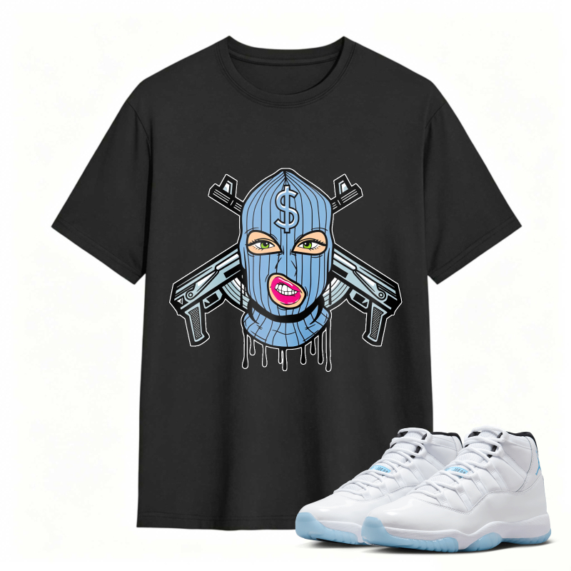 Blue Mask With Dollar Sign And Crossed Guns Shirt To Match Air Jordan 11 White Legend Blue Sneaker Match Shirt