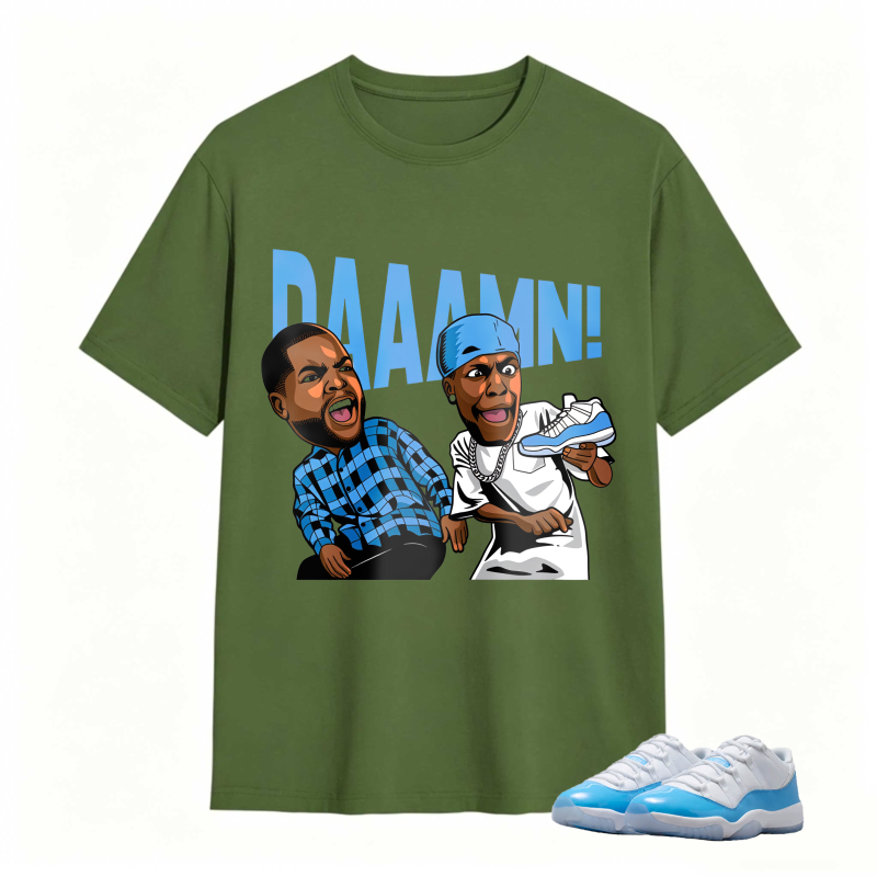 Cartoon Characters With Blue Sneaker And Daaamn Text Shirt To Match Jordan 11 University Blue - Sneaker Match Shirt