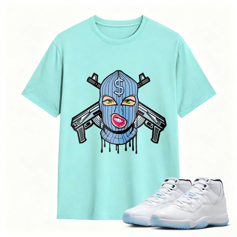 Blue Mask With Dollar Sign And Crossed Guns Shirt To Match Air Jordan 11 White Legend Blue Sneaker Match Shirt