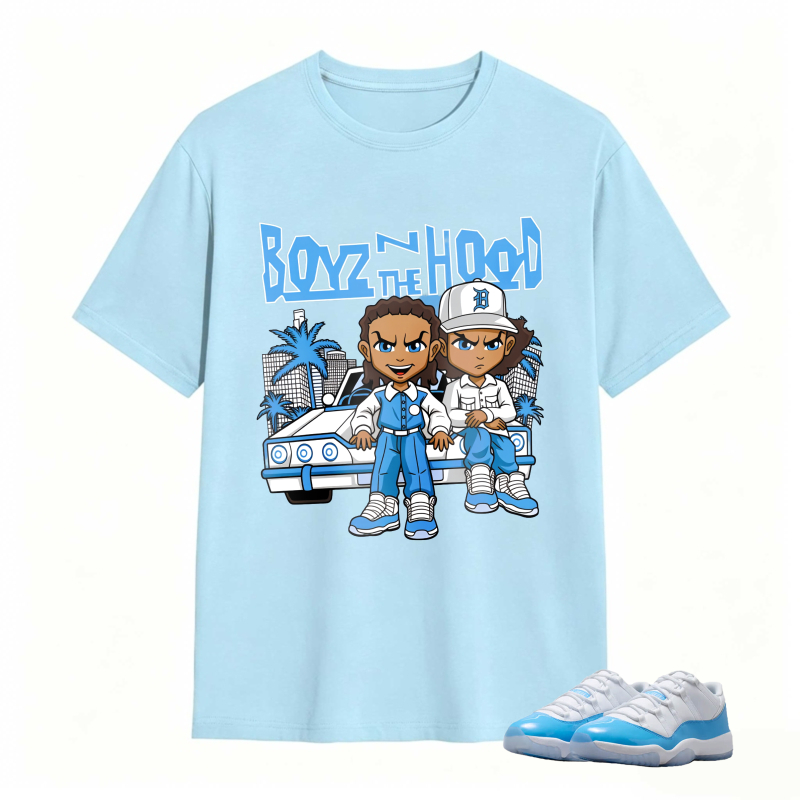Boyz N The Hood Cartoon Characters With Car And Palm Trees Shirt To Match Jordan 11 University Blue Sneaker Match Shirt