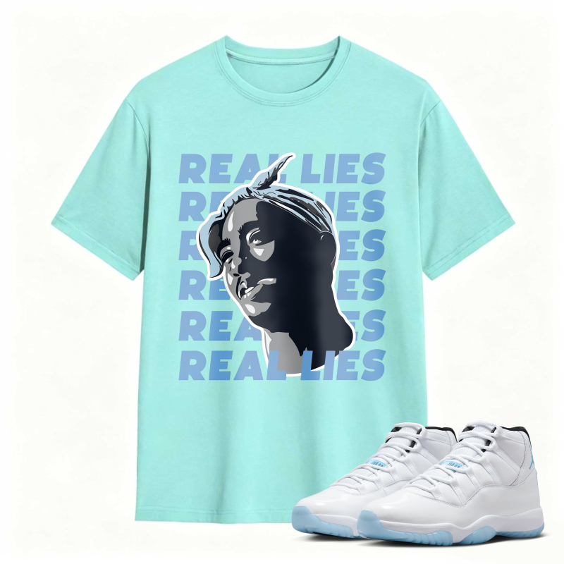 Real Lies Text And Portrait Design Shirt To Match Air Jordan 11 White Legend Blue Sneaker Match Shirt