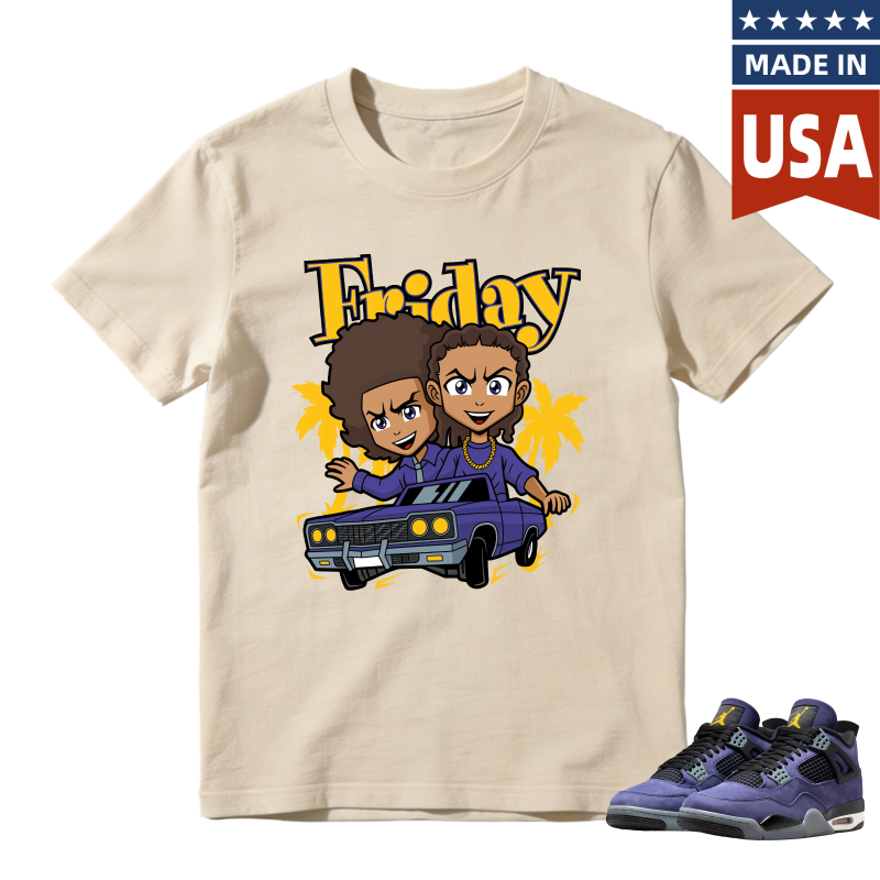 Friday Cartoon Characters In Car Shirt To Match Jordan 4 Lakers Imperial Purple Sneaker Match Shirt