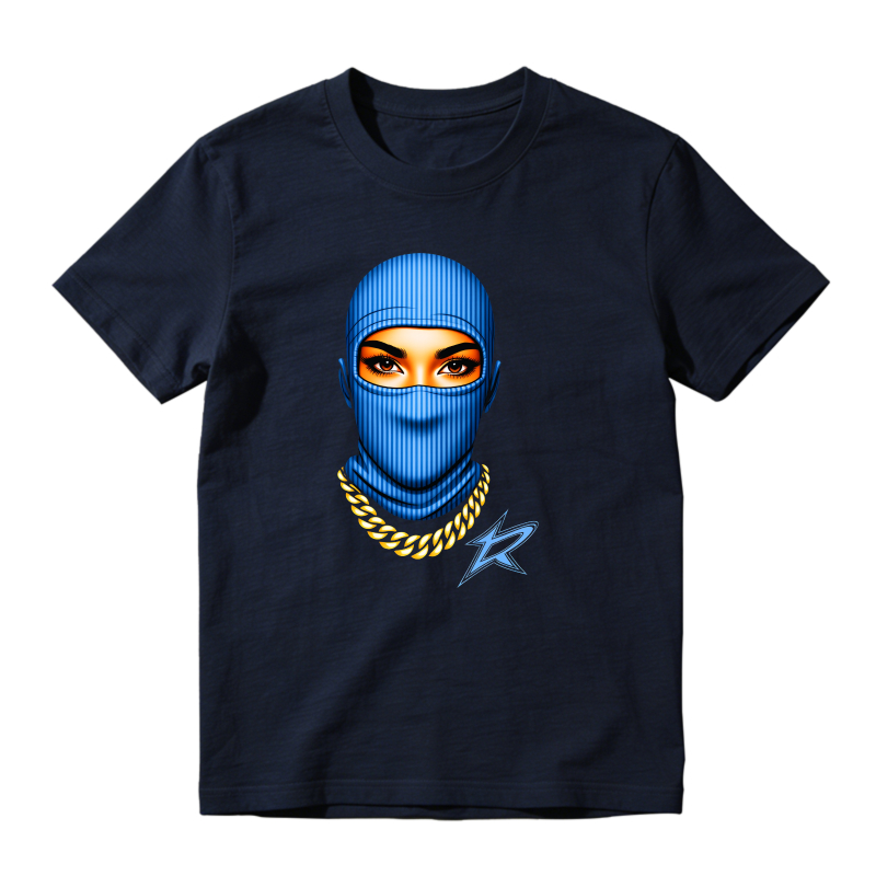 Blue Balaclava Face With Gold Chain And Star Shirt To Match Jordan 14 Black And University Blue - Sneaker Match Shirt