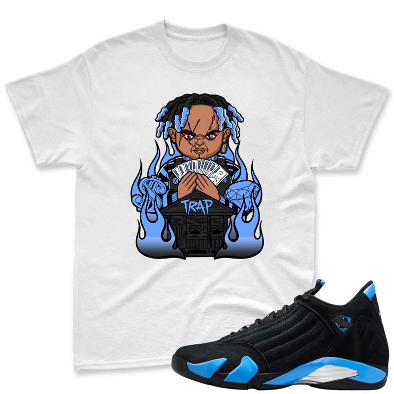 Cartoon Character With Blue Dreads Holding Money And Trap Sign Shirt To Match Jordan 14 Black And University Blue - Sneaker Match Shirt