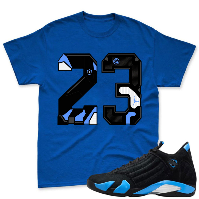 Number 23 With Jordan Logo And Blue Accents Shirt To Match Jordan 14 Black And University Blue Sneaker Match Shirt