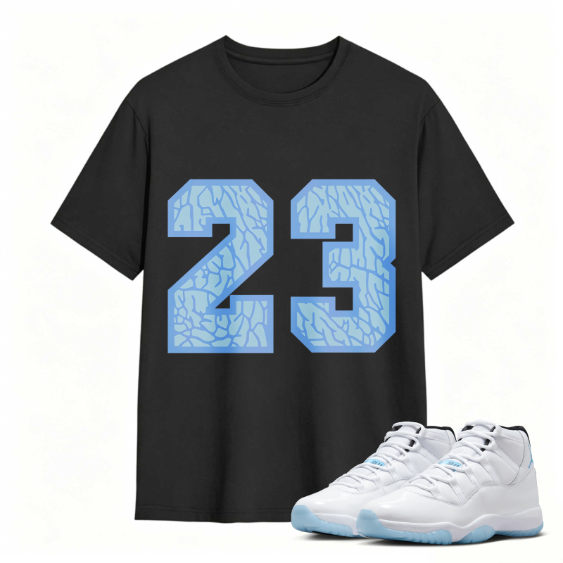 Number 23 Blue Cracked Pattern Shirt To Match Air Jordan 11 White Legend Blue - Sneaker Match Shirt