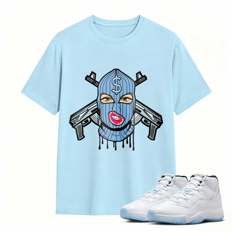 Blue Mask With Dollar Sign And Crossed Guns Shirt To Match Air Jordan 11 White Legend Blue Sneaker Match Shirt