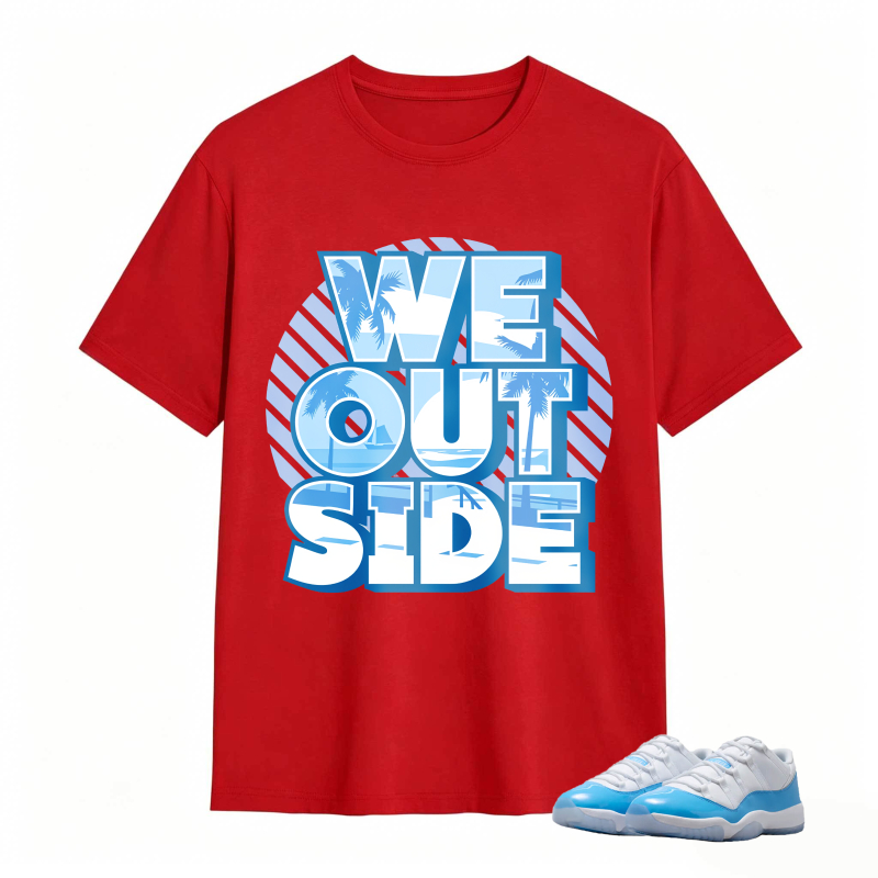 We Outside Text With Palm Tree And Ocean Design Shirt To Match Jordan 11 University Blue Sneaker Match Shirt