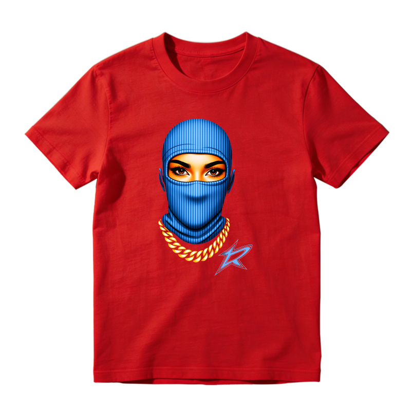 Blue Balaclava Face With Gold Chain And Star Shirt To Match Jordan 14 Black And University Blue - Sneaker Match Shirt