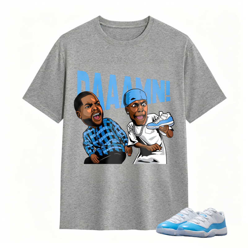 Cartoon Characters With Blue Sneaker And Daaamn Text Shirt To Match Jordan 11 University Blue - Sneaker Match Shirt