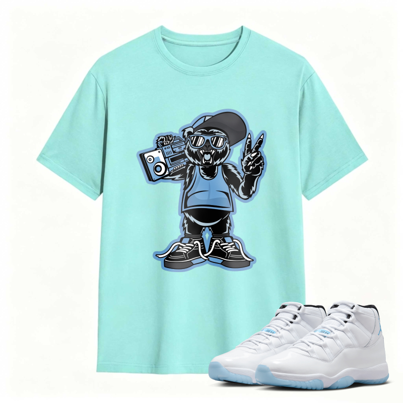 Cartoon Bear With Boombox And Sunglasses Shirt To Match Air Jordan 11 White Legend Blue - Sneaker Match Shirt
