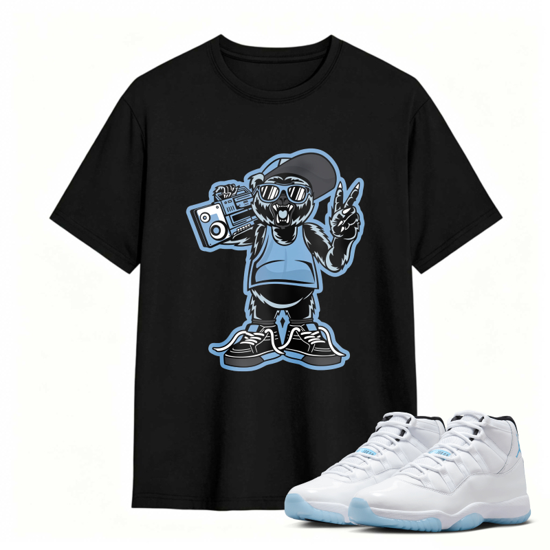 Cartoon Bear With Boombox And Sunglasses Shirt To Match Air Jordan 11 White Legend Blue - Sneaker Match Shirt