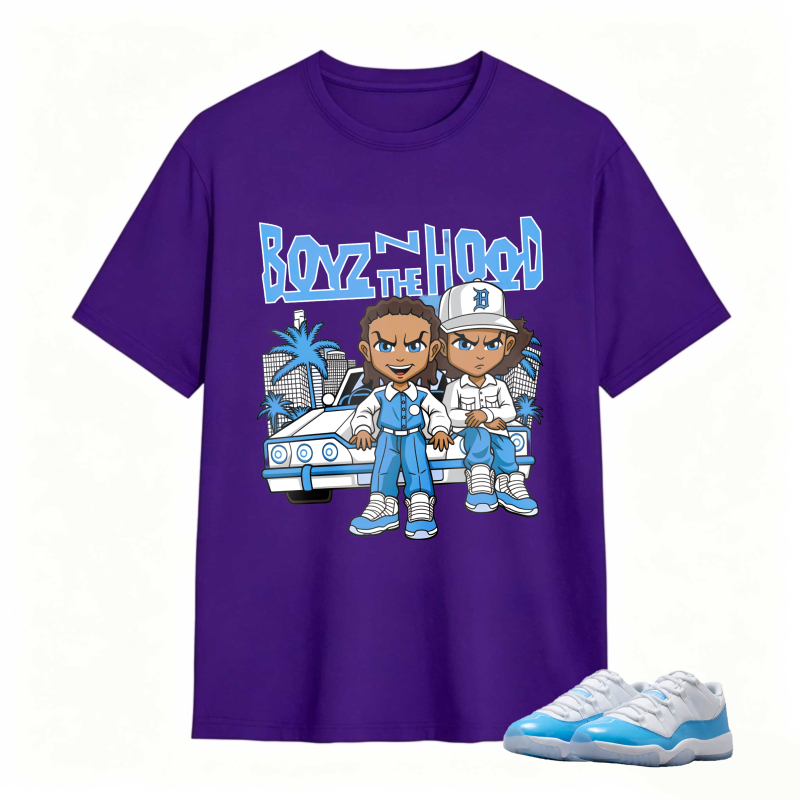 Boyz N The Hood Cartoon Characters With Car And Palm Trees Shirt To Match Jordan 11 University Blue Sneaker Match Shirt