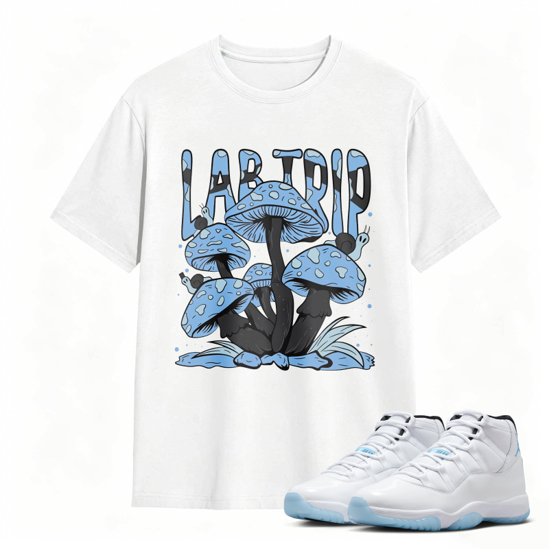 Mushroom Lab Trip Graphic Shirt to Match Air Jordan 11 White Legend Blue - Sneaker Match Shirt