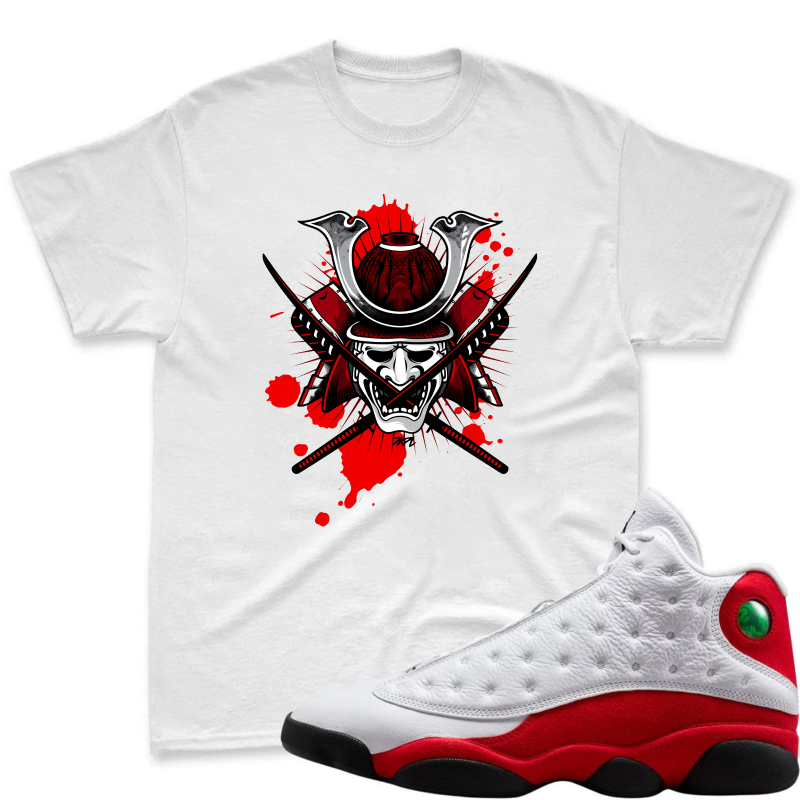 Samurai Helmet With Crossed Swords And Red Splatter Shirt To Match Air Jordan 13 Chicago Sneaker Match Shirt