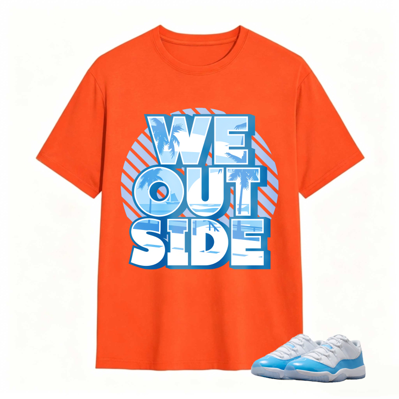 We Outside Text With Palm Tree And Ocean Design Shirt To Match Jordan 11 University Blue Sneaker Match Shirt