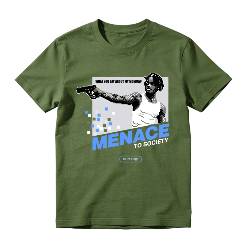 Menace To Society Graphic With Gun And Text Shirt To Match Jordan 14 Black And University Blue Sneaker Match Shirt