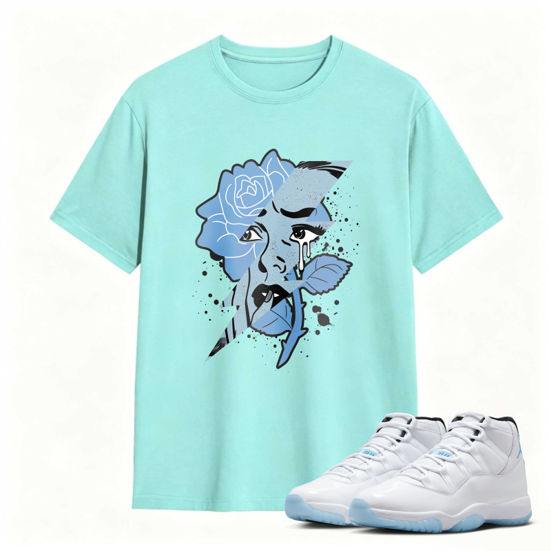 Blue Rose Face Art Shirt to Match Air Jordan 11 White Legend Blue - Sneaker Match Shirt