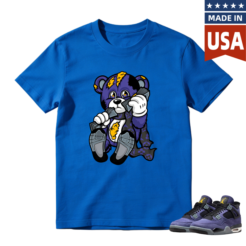 Cartoon Bear With Lightning And Basketball Shirt To Match Jordan 4 Lakers Imperial Purple Sneaker Match Shirt
