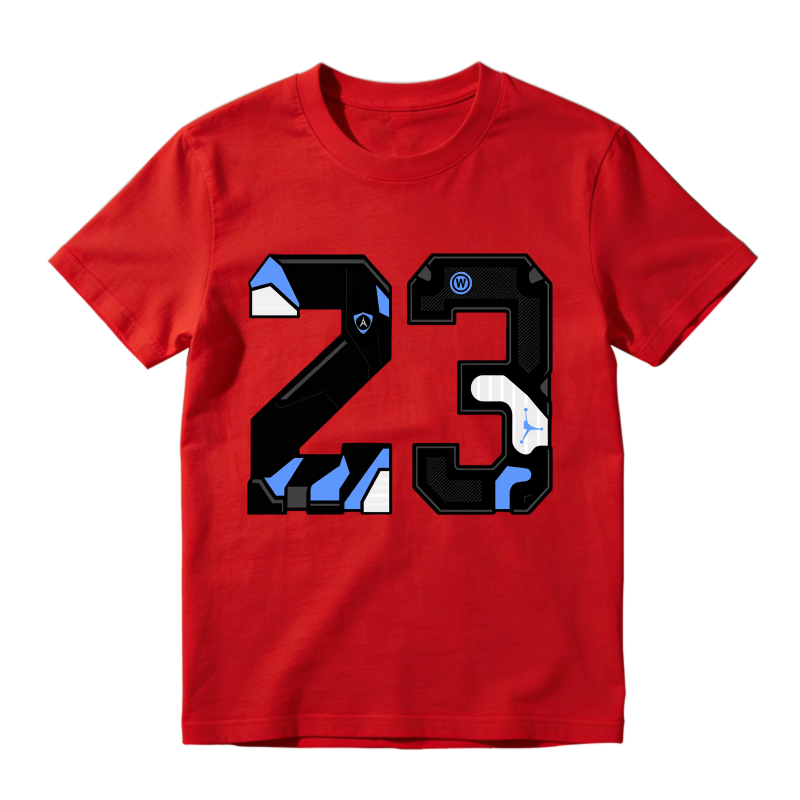 Number 23 With Jordan Logo And Blue Accents Shirt To Match Jordan 14 Black And University Blue Sneaker Match Shirt