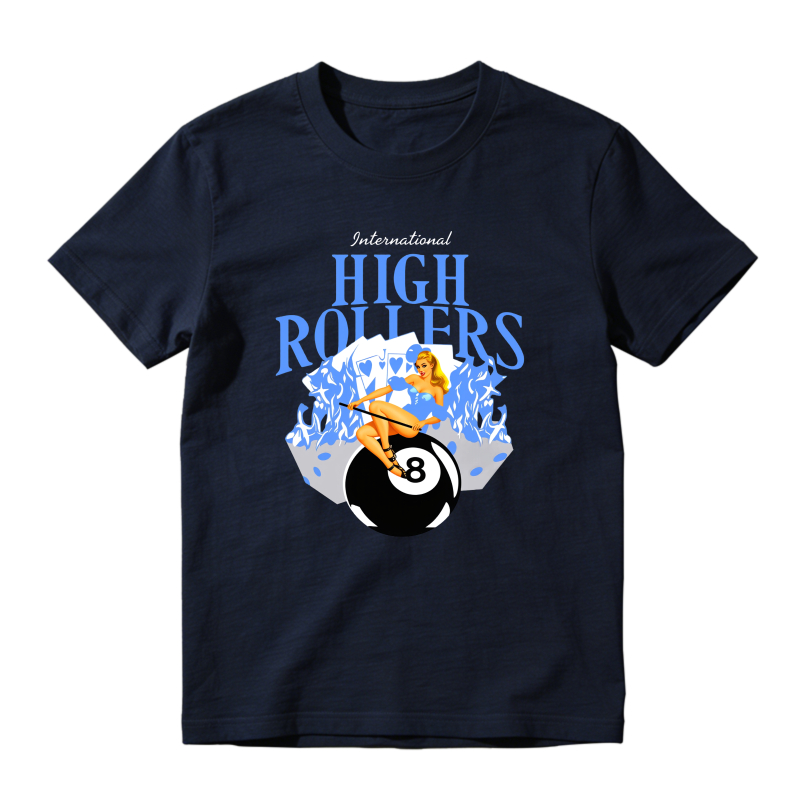 International High Rollers Woman On Eight Ball With Flames Shirt To Match Jordan 14 Black And University Blue Sneaker Match Shirt