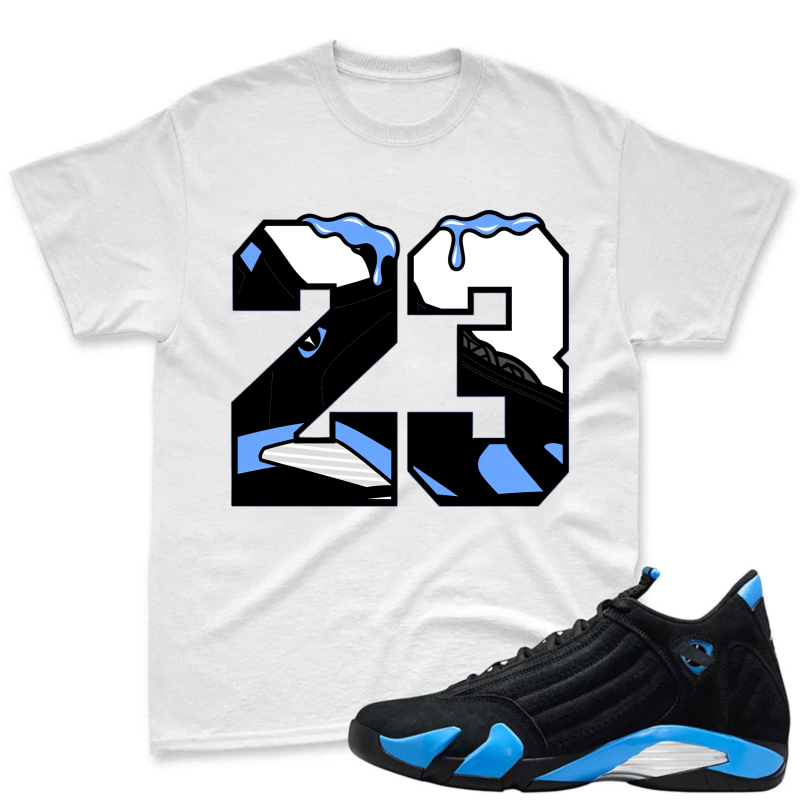 Number 23 With Blue Drip Design Shirt To Match Jordan 14 Black And University Blue Sneaker Match Shirt