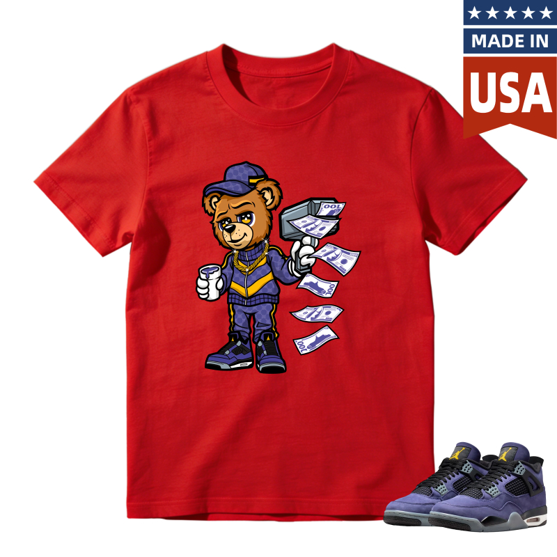 Cartoon Bear Holding Money And Coffee Shirt To Match Jordan 4 Lakers Imperial Purple - Sneaker Match Shirt