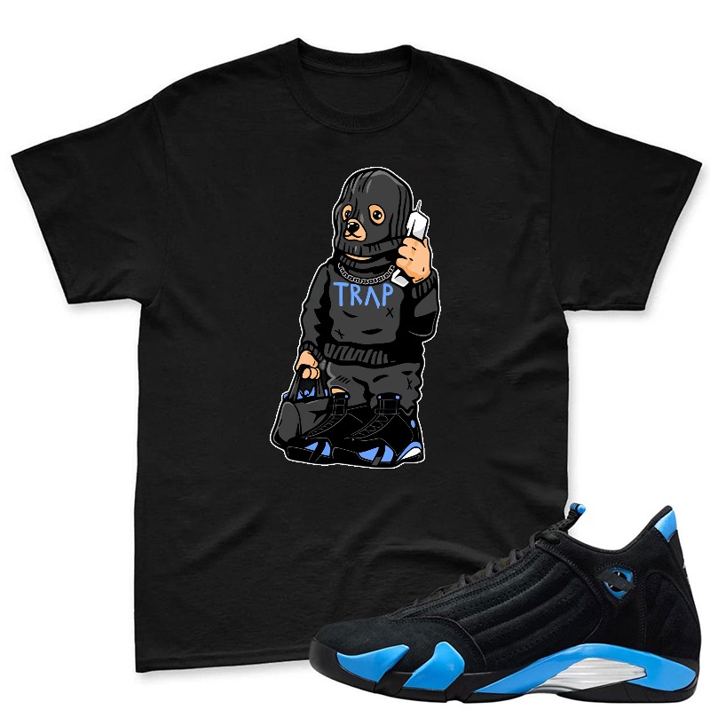 Cartoon Dog Wearing Trap Hoodie And Holding Phone Shirt To Match Jordan 14 Black And University Blue - Sneaker Match Shirt