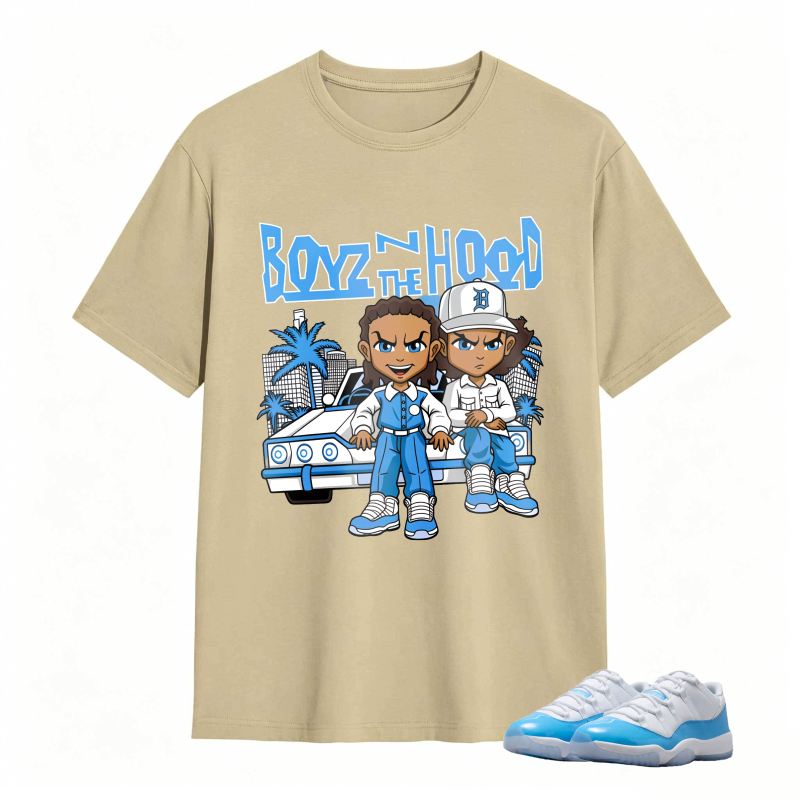 Boyz N The Hood Cartoon Characters With Car And Palm Trees Shirt To Match Jordan 11 University Blue Sneaker Match Shirt
