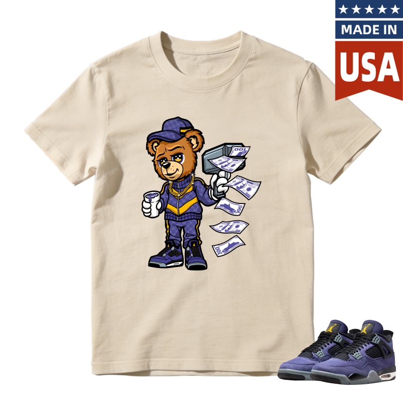 Cartoon Bear Holding Money And Coffee Shirt To Match Jordan 4 Lakers Imperial Purple - Sneaker Match Shirt