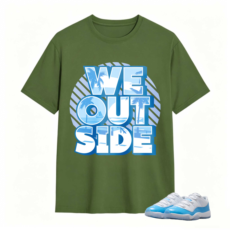 We Outside Text With Palm Tree And Ocean Design Shirt To Match Jordan 11 University Blue Sneaker Match Shirt