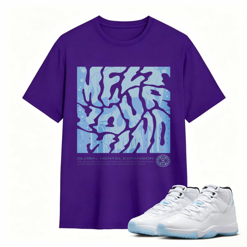 Abstract Blue Wave Pattern With Global Mental Expansion Text Shirt To Match Air Jordan 11 White Legend Blue Sneaker Match Shirt