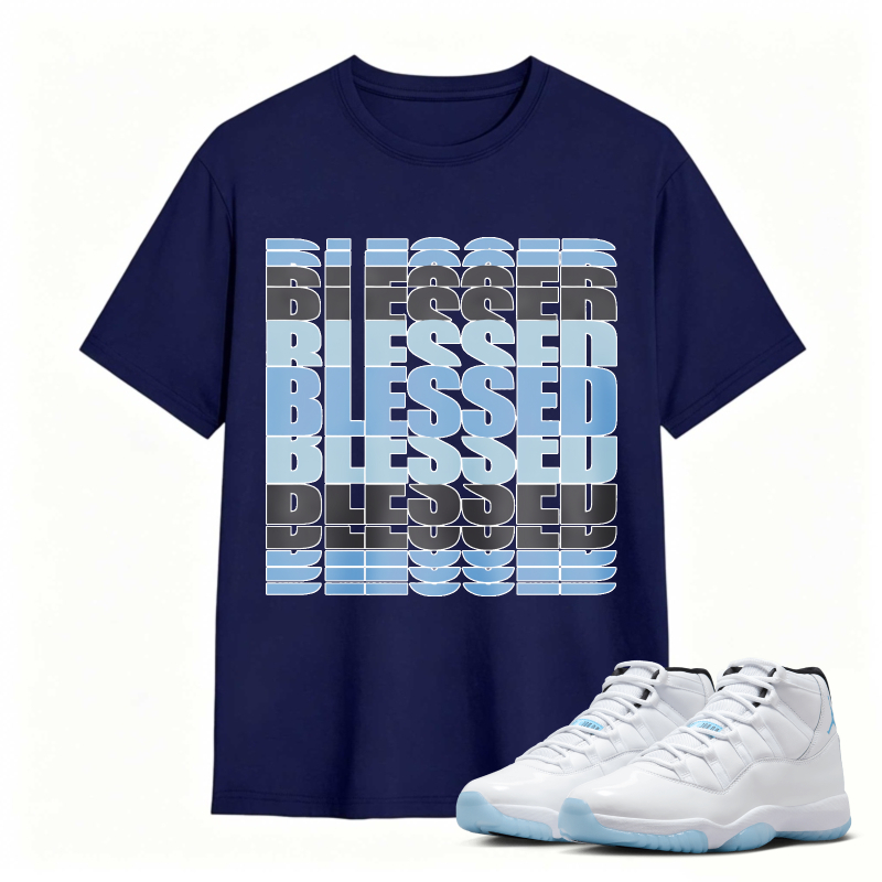 Blessed Text Pattern Shirt To Match Air Jordan 11 White Legend Blue - Sneaker Match Shirt