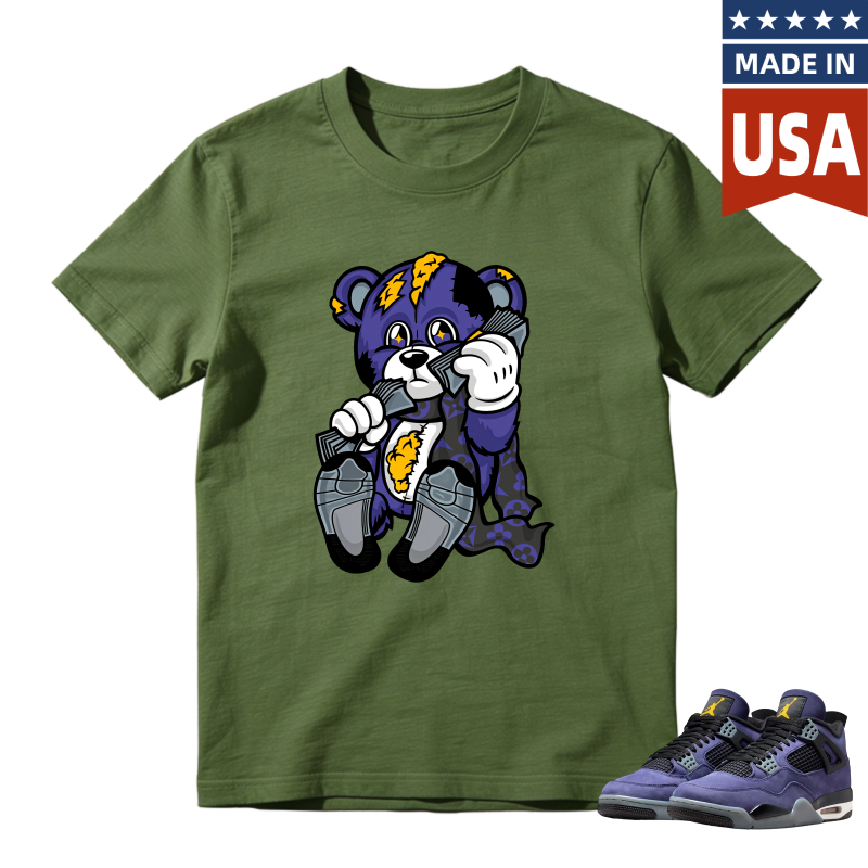 Cartoon Bear With Lightning And Basketball Shirt To Match Jordan 4 Lakers Imperial Purple Sneaker Match Shirt
