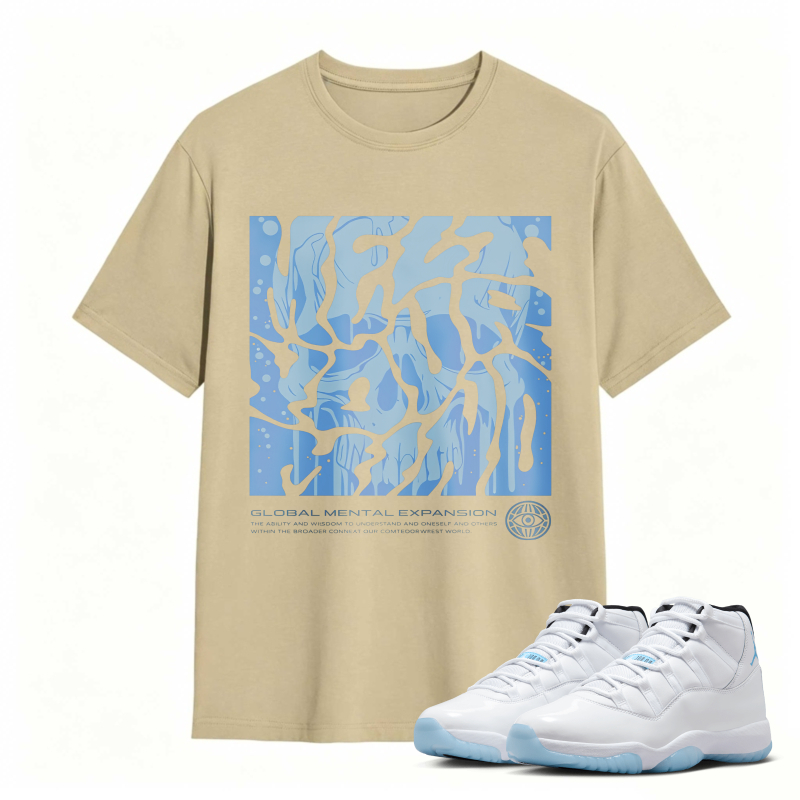 Abstract Blue Wave Pattern With Global Mental Expansion Text Shirt To Match Air Jordan 11 White Legend Blue Sneaker Match Shirt