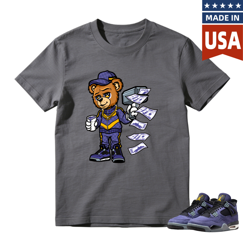 Cartoon Bear Holding Money And Coffee Shirt To Match Jordan 4 Lakers Imperial Purple - Sneaker Match Shirt