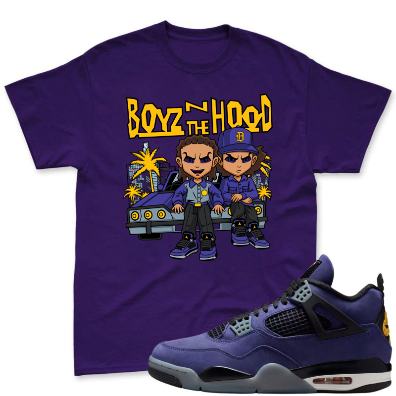 Boyz N The Hood Cartoon Characters With Car And Palm Trees Shirt To Match Jordan 4 Lakers Imperial Purple Sneaker Match Shirt