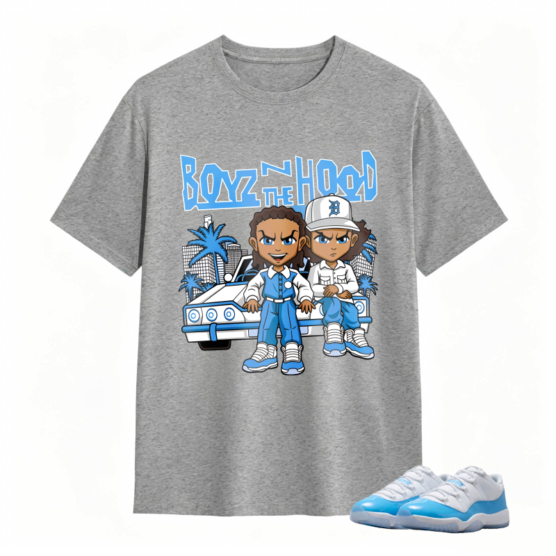 Boyz N The Hood Cartoon Characters With Car And Palm Trees Shirt To Match Jordan 11 University Blue Sneaker Match Shirt