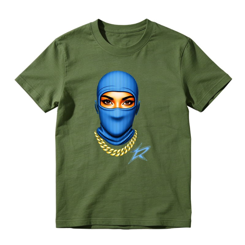 Blue Balaclava Face With Gold Chain And Star Shirt To Match Jordan 14 Black And University Blue - Sneaker Match Shirt